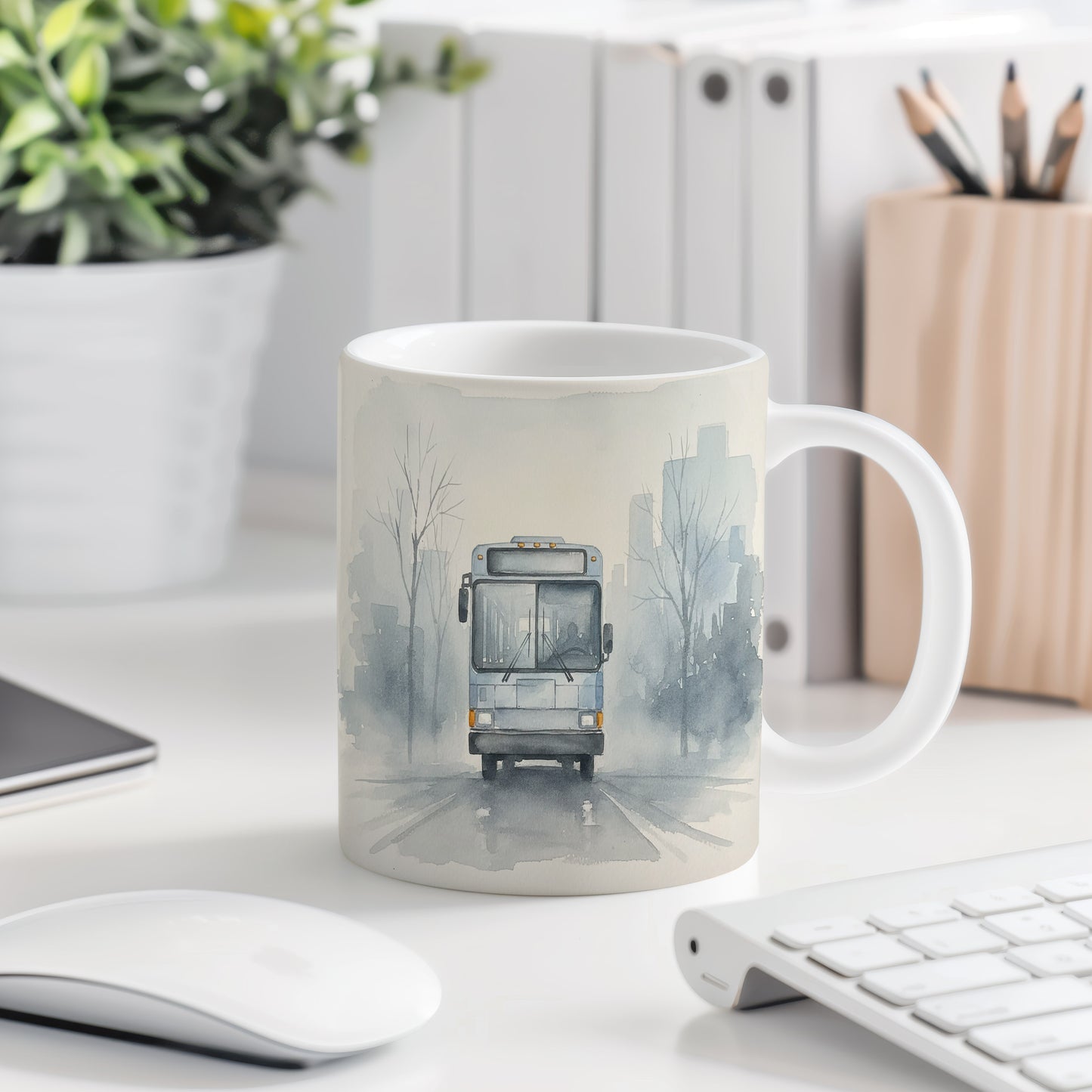 Hrnek s autobusem v mlhavém městě