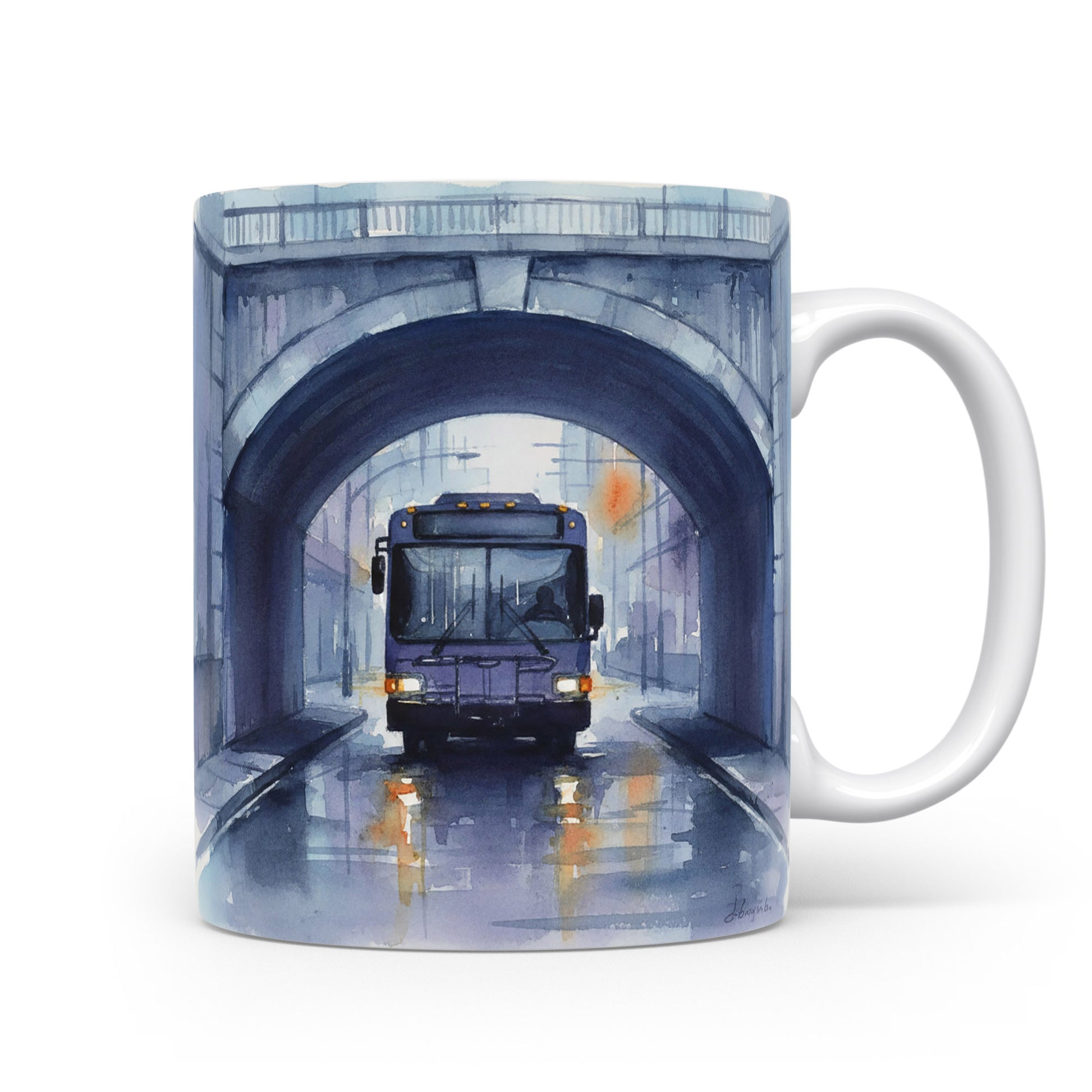 Hrnek s akvarelovým autobusem pod mostem