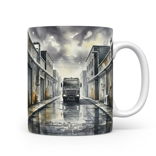 Náklaďák v průmyslové ulici na hrnku