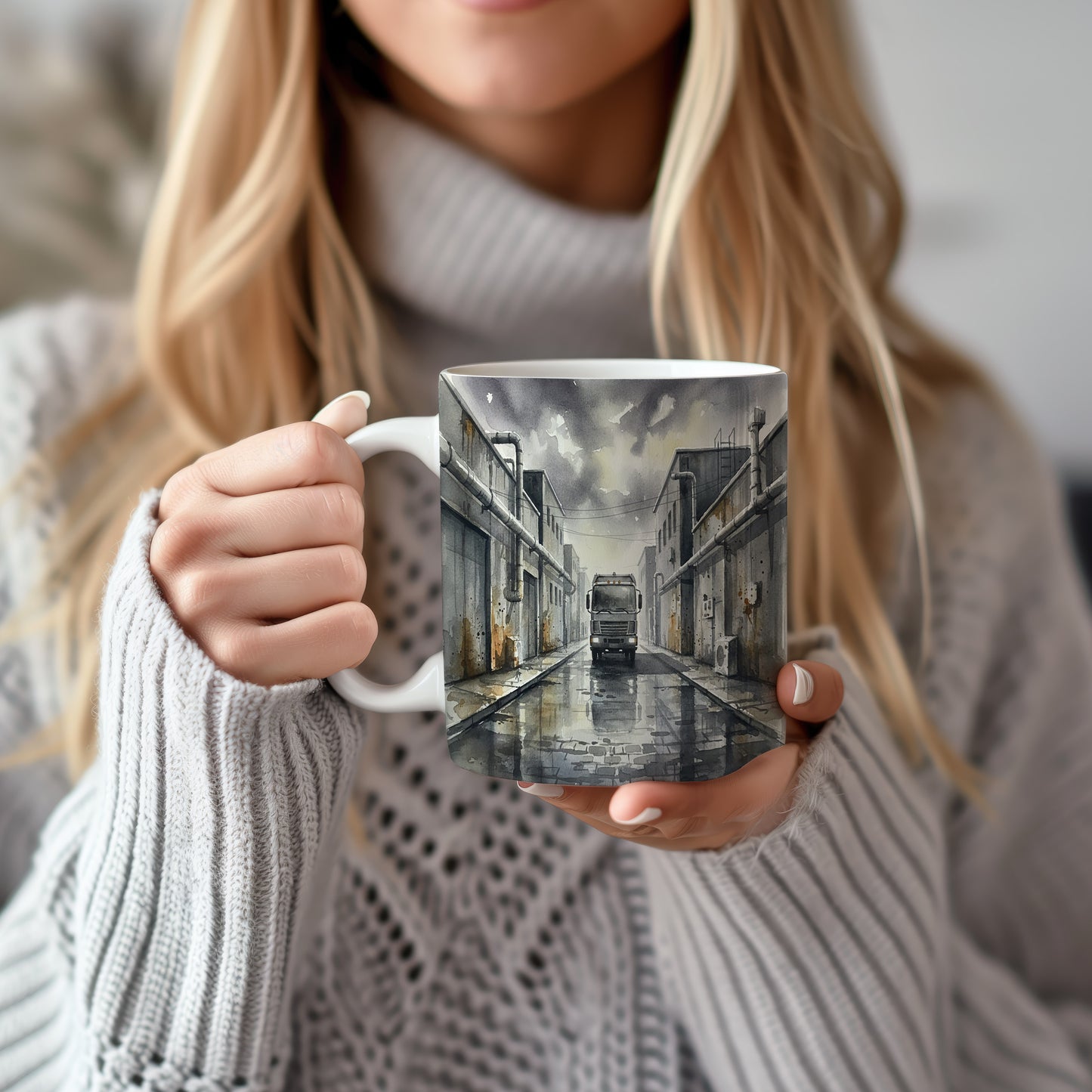 Hrnek s náklaďákem v průmyslové ulici