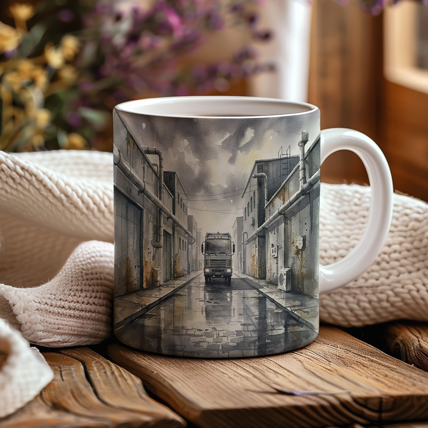 Hrnek s náklaďákem v průmyslové ulici