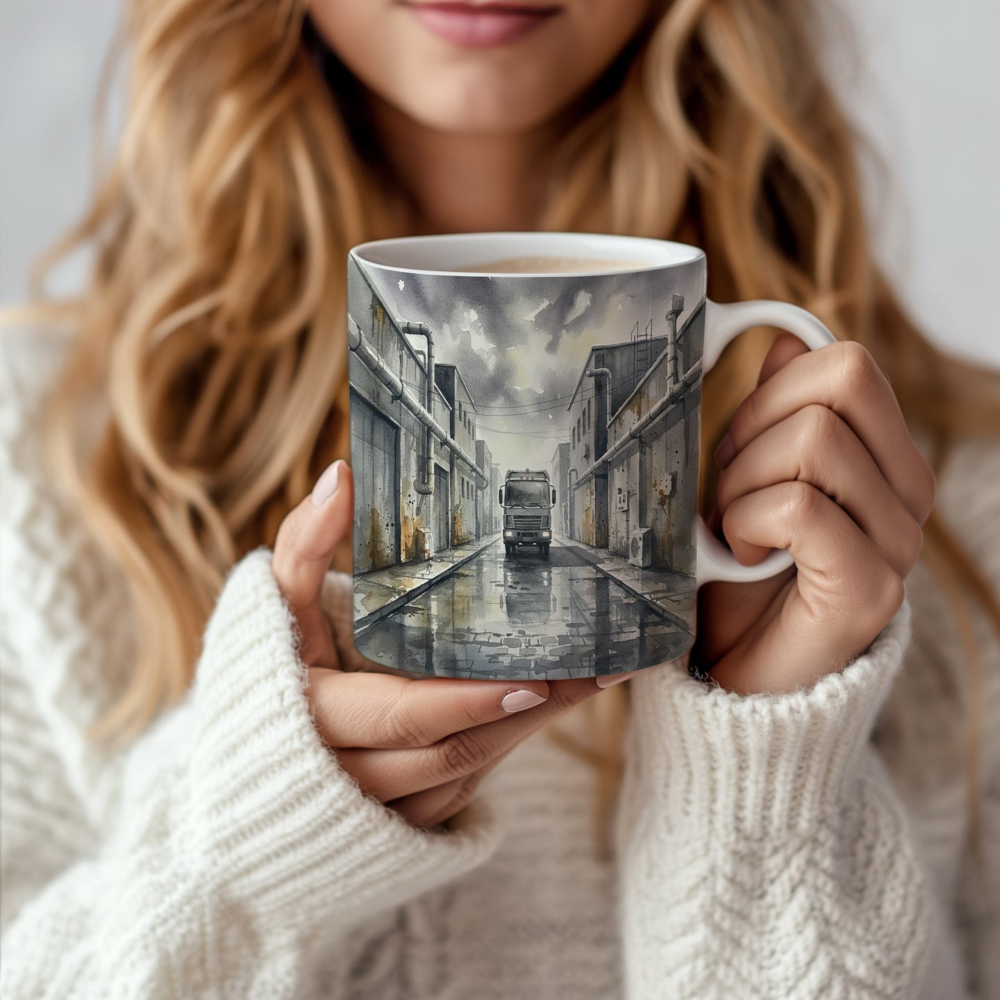 Hrnek s náklaďákem v průmyslové ulici