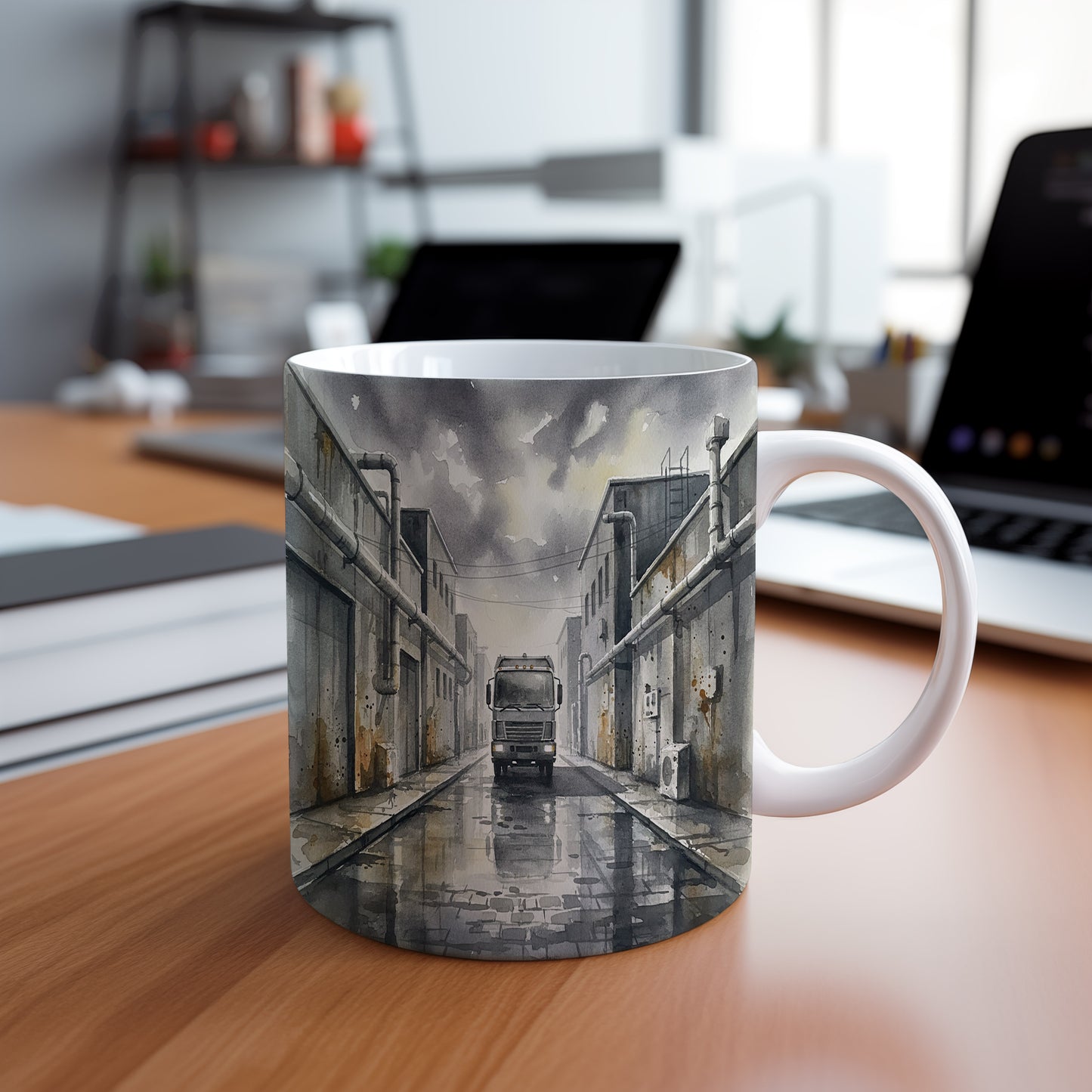 Hrnek s náklaďákem v průmyslové ulici