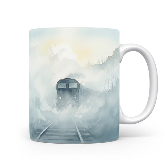 Hrnek s lokomotivou v mlze