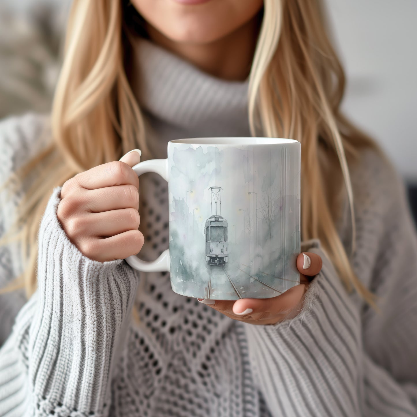 Hrnek s tramvají v mlžném ránu