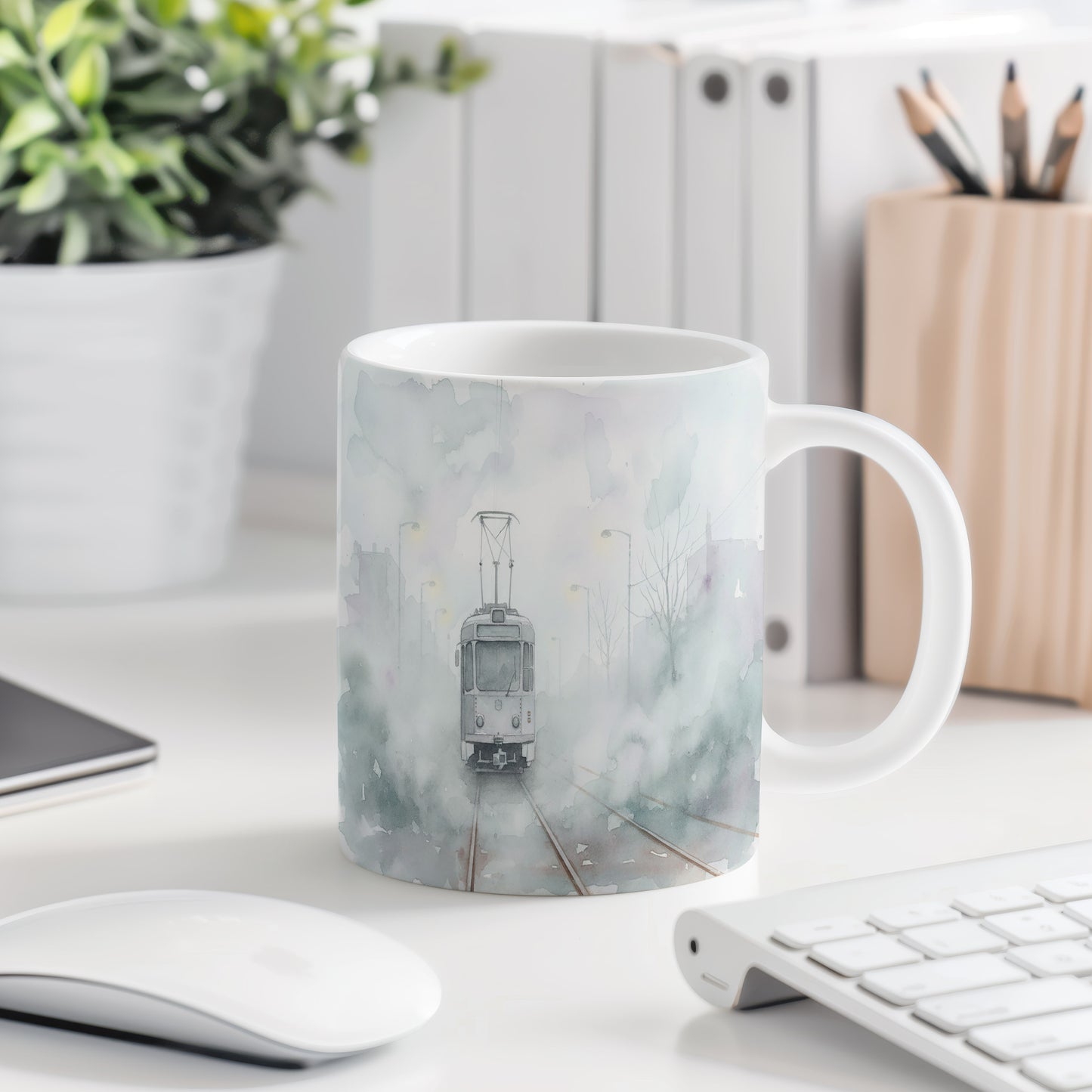 Hrnek s tramvají v mlžném ránu