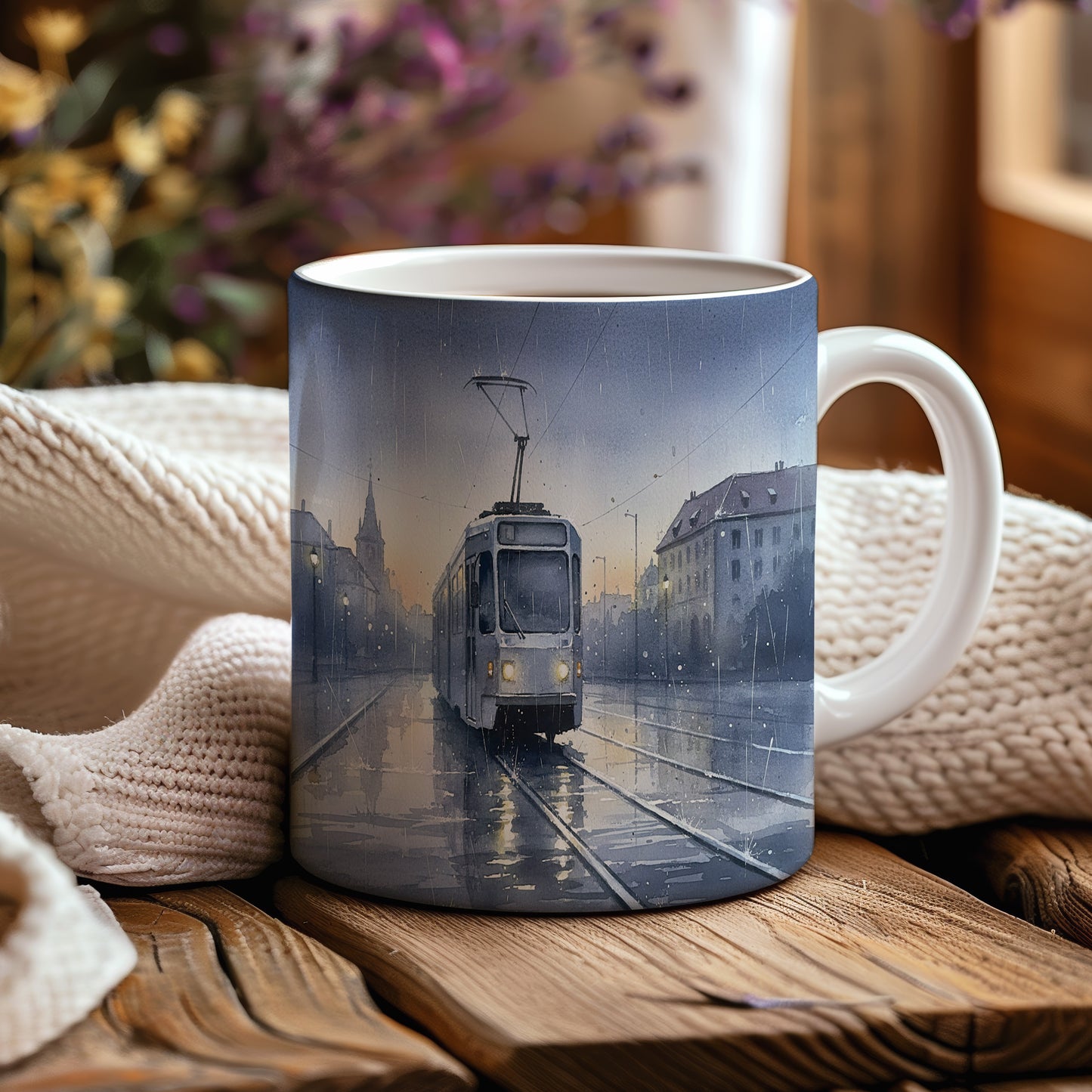 Hrnek s tramvají za soumraku