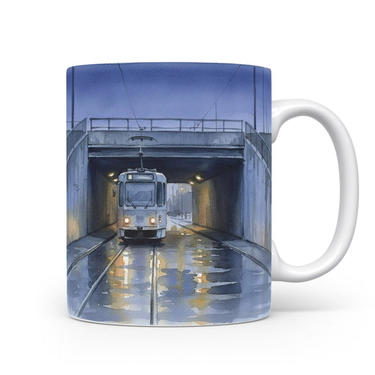 Tramvaj pod mostem v akvarelu