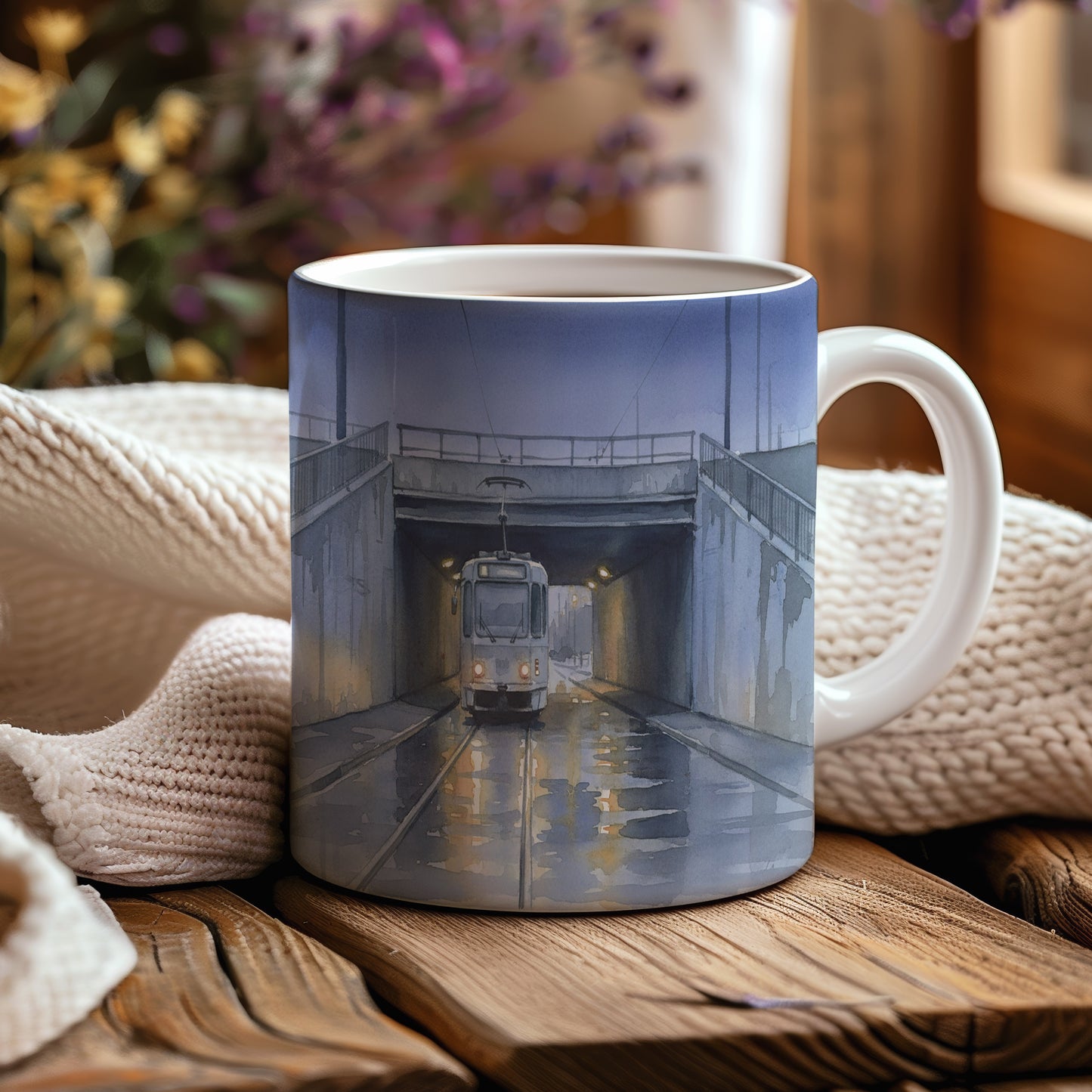 Hrnek s tramvají pod mostem