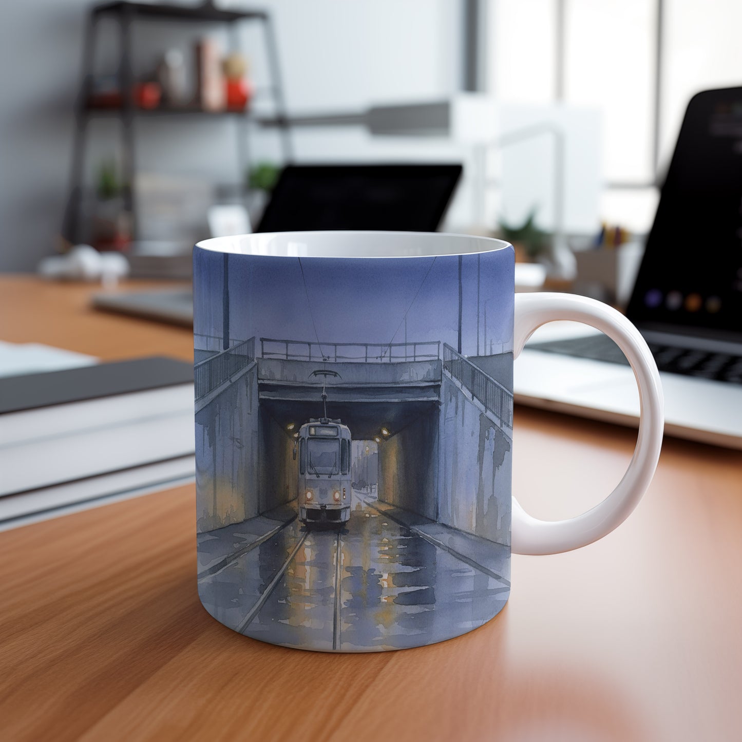 Hrnek s tramvají pod mostem