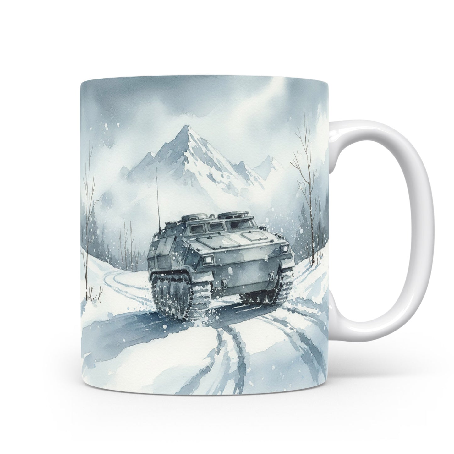 Hrnek s pásovým vozidlem v zimní krajině