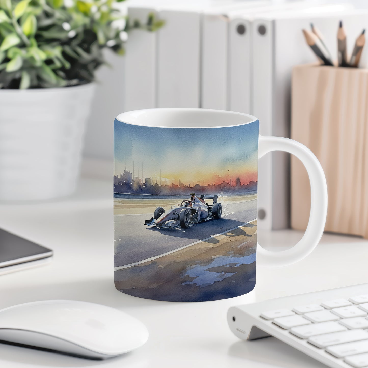 Hrnek s formulí při západu slunce