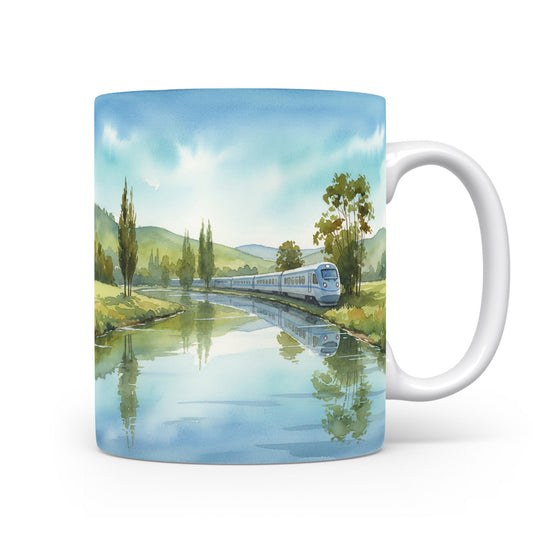 Vlak u řeky v akvarelu