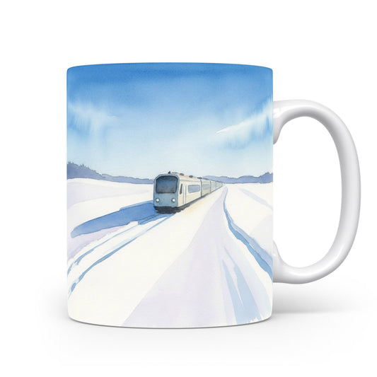 Vlak na zasněžené pláni v akvarelu