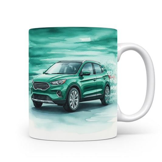 Hrnek s akvarelovým SUV v zelené krajině