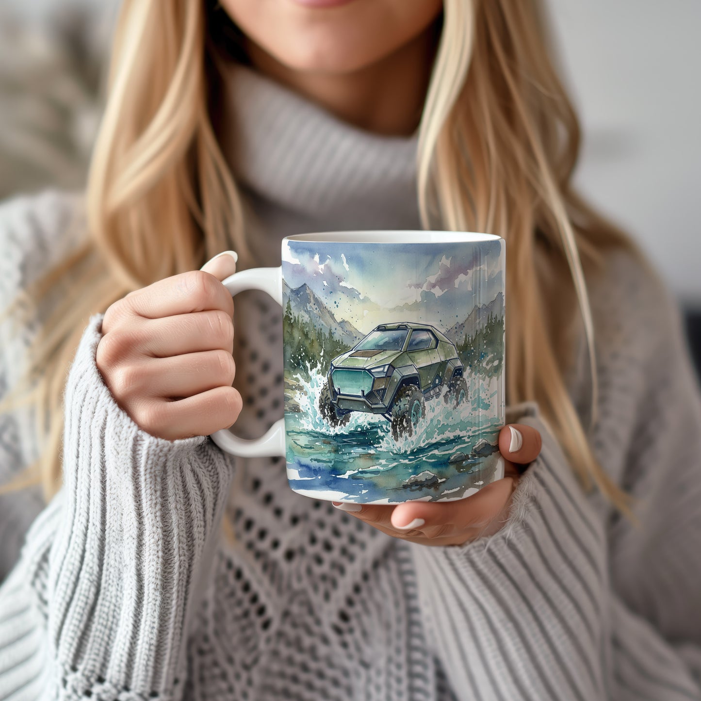 Hrnek s terénním vozem v divočině