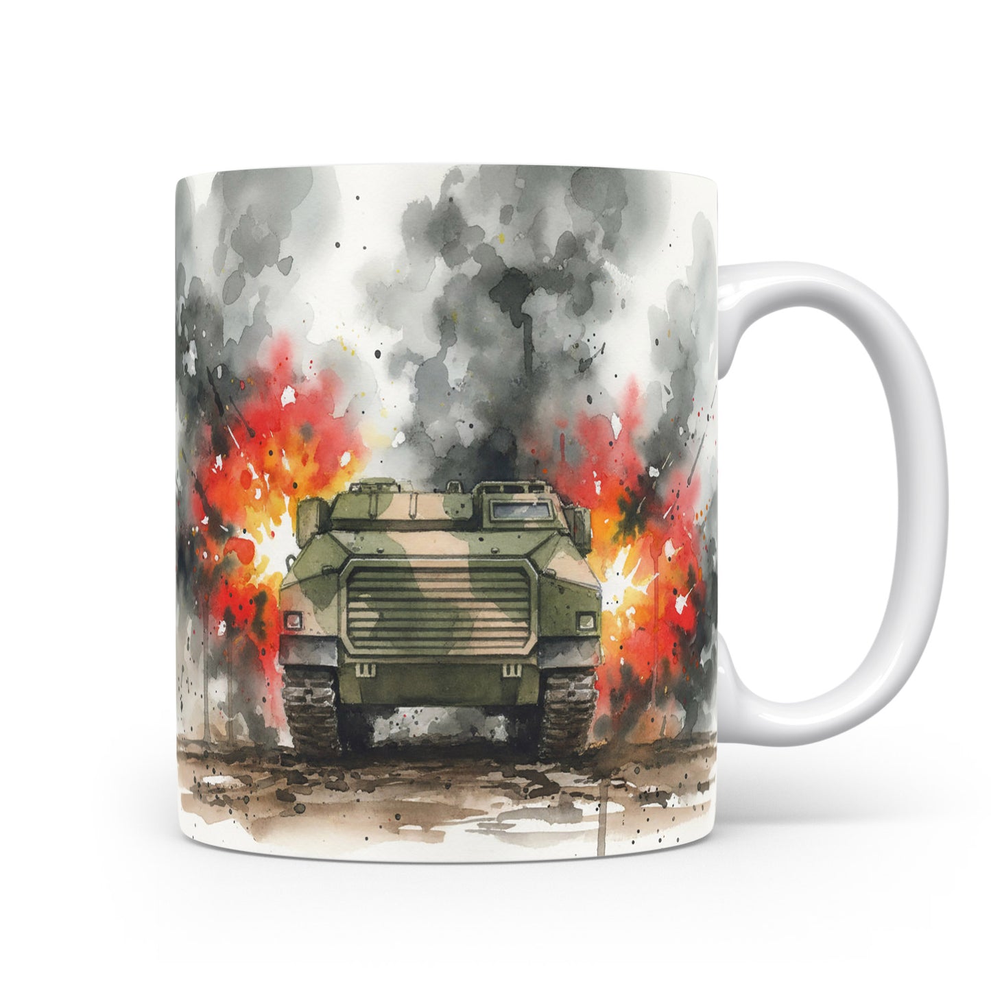 Hrnek s obrněným vozem v plamenech