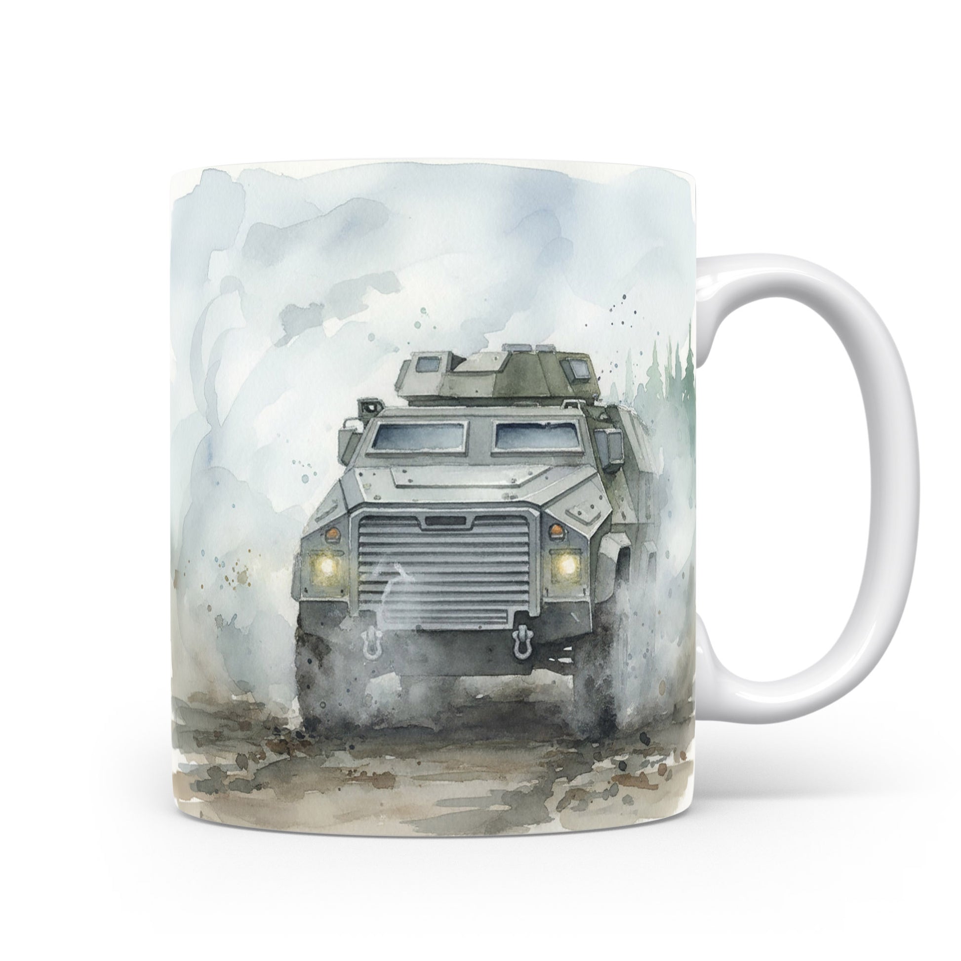 Hrnek s akvarelem obrněného vozu v mlze