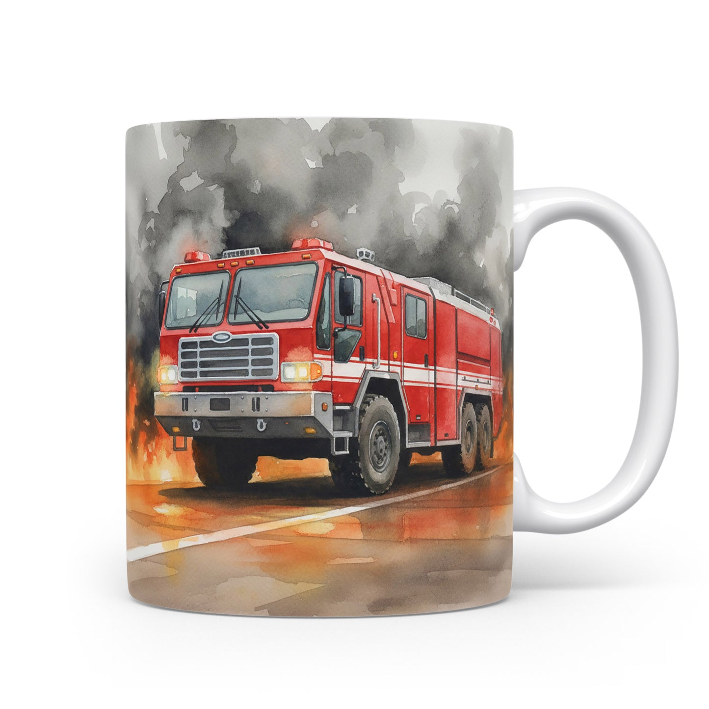 Hasičský vůz v akci na hrnku