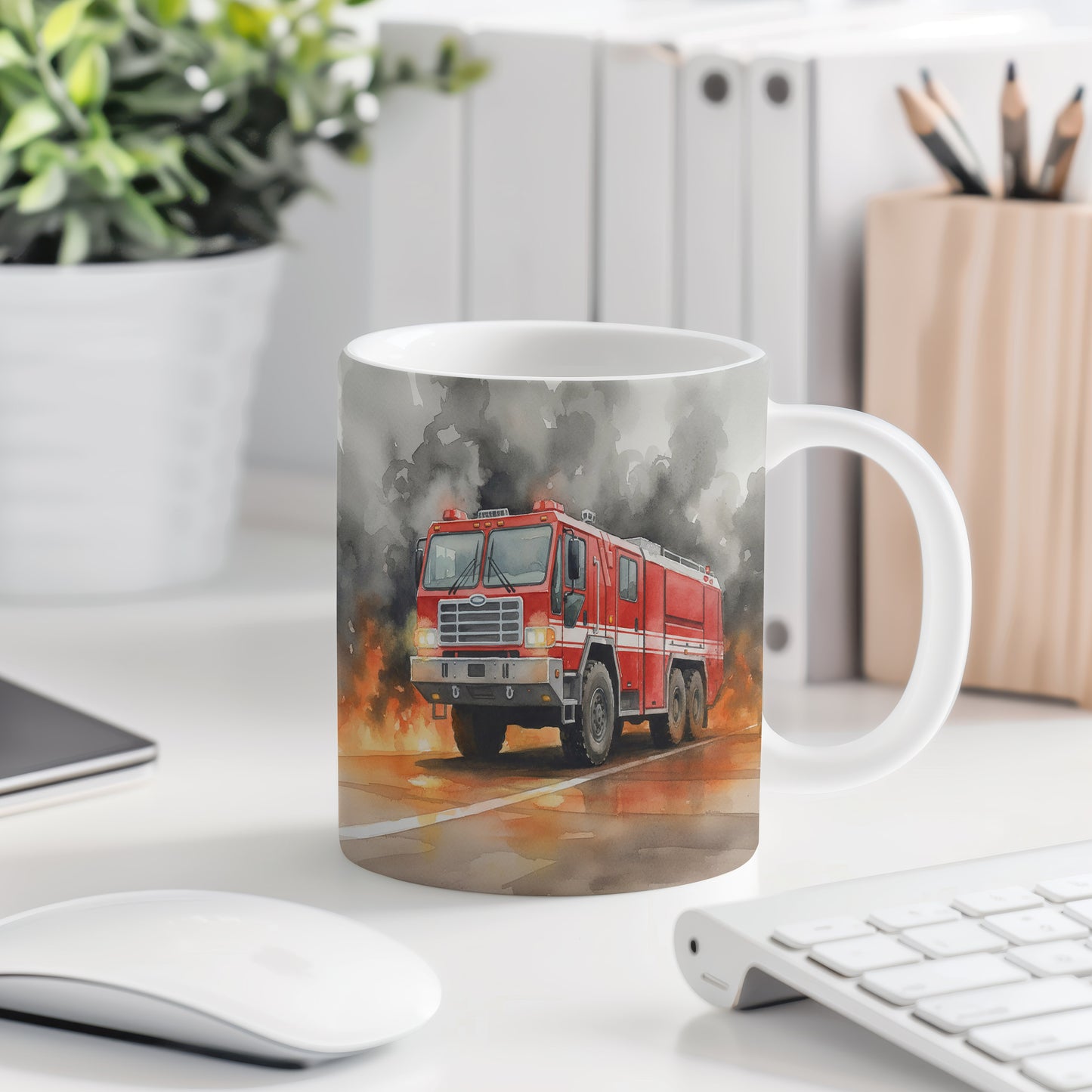 Hrnek s hasičským vozem v akci