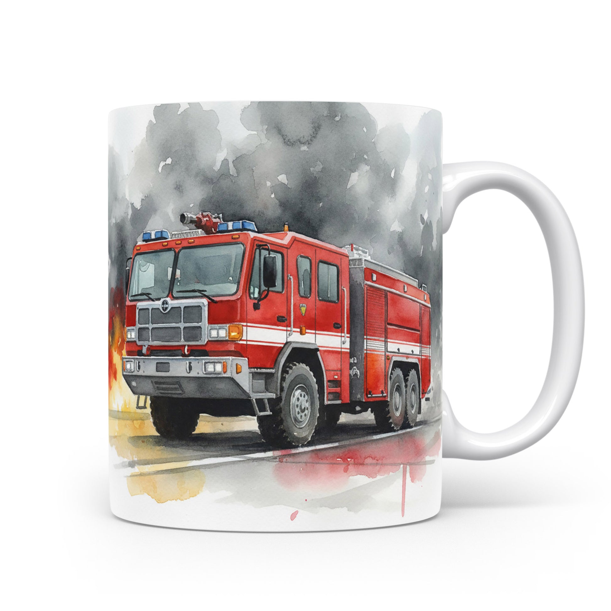 Hasičský vůz v plamenech na hrnku