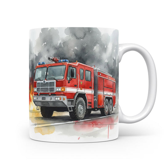 Hasičský vůz v plamenech na hrnku