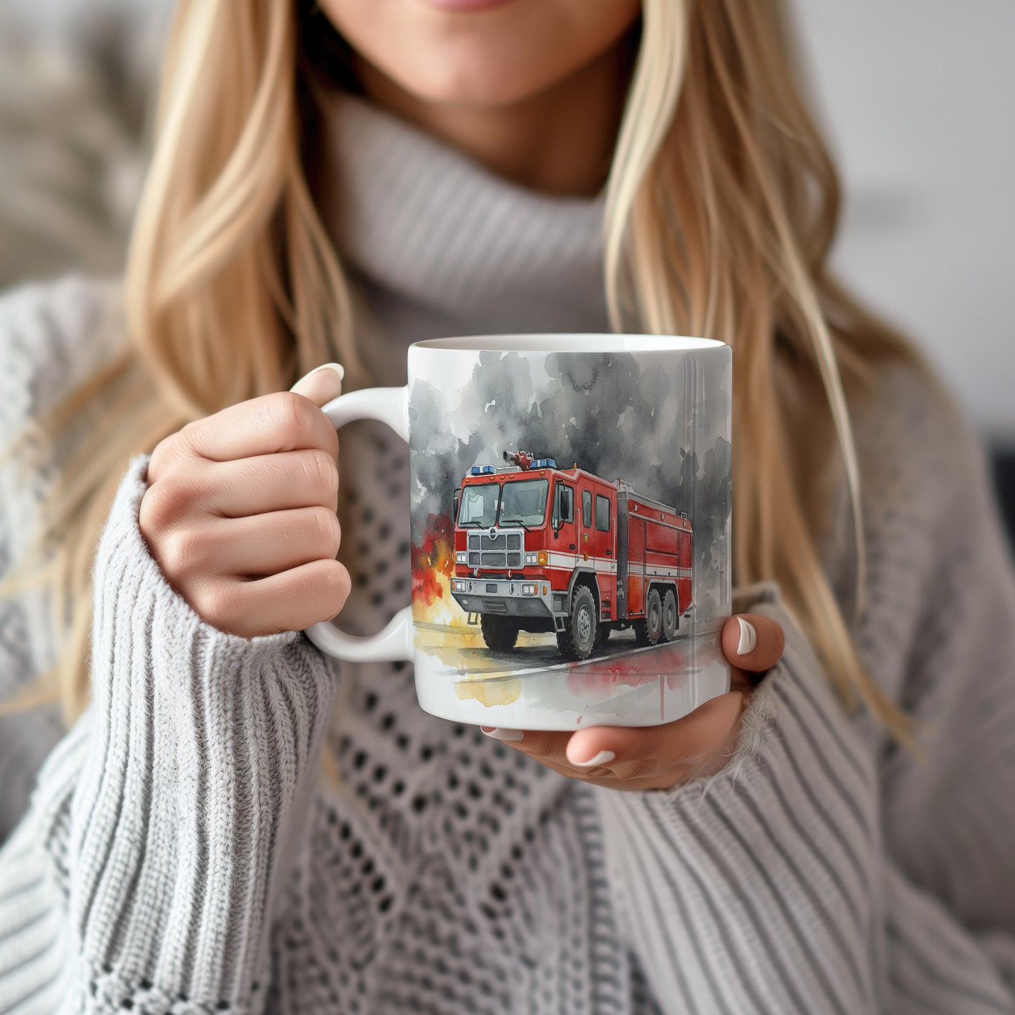 Hrnek s hasičským vozem v plamenech