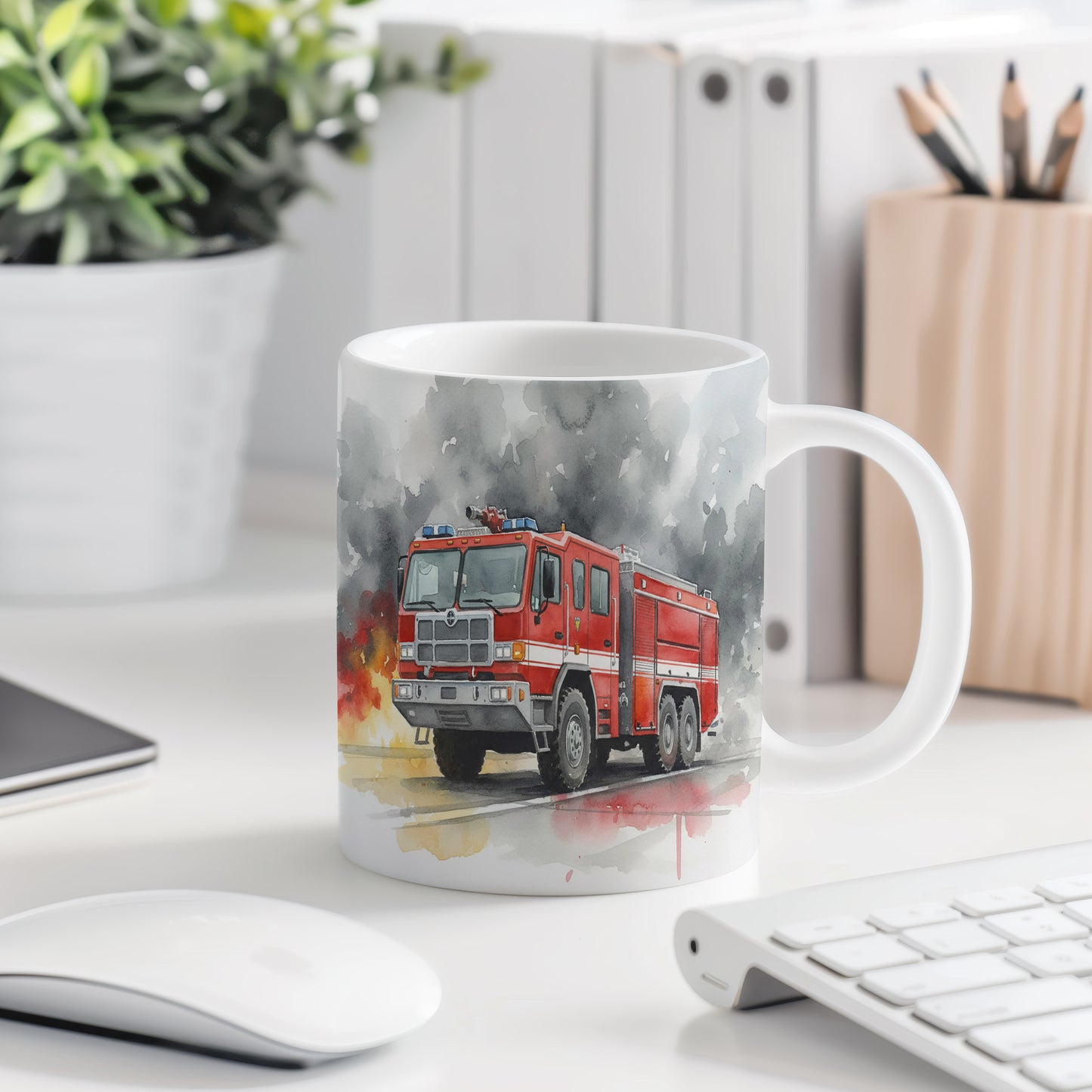 Hrnek s hasičským vozem v plamenech