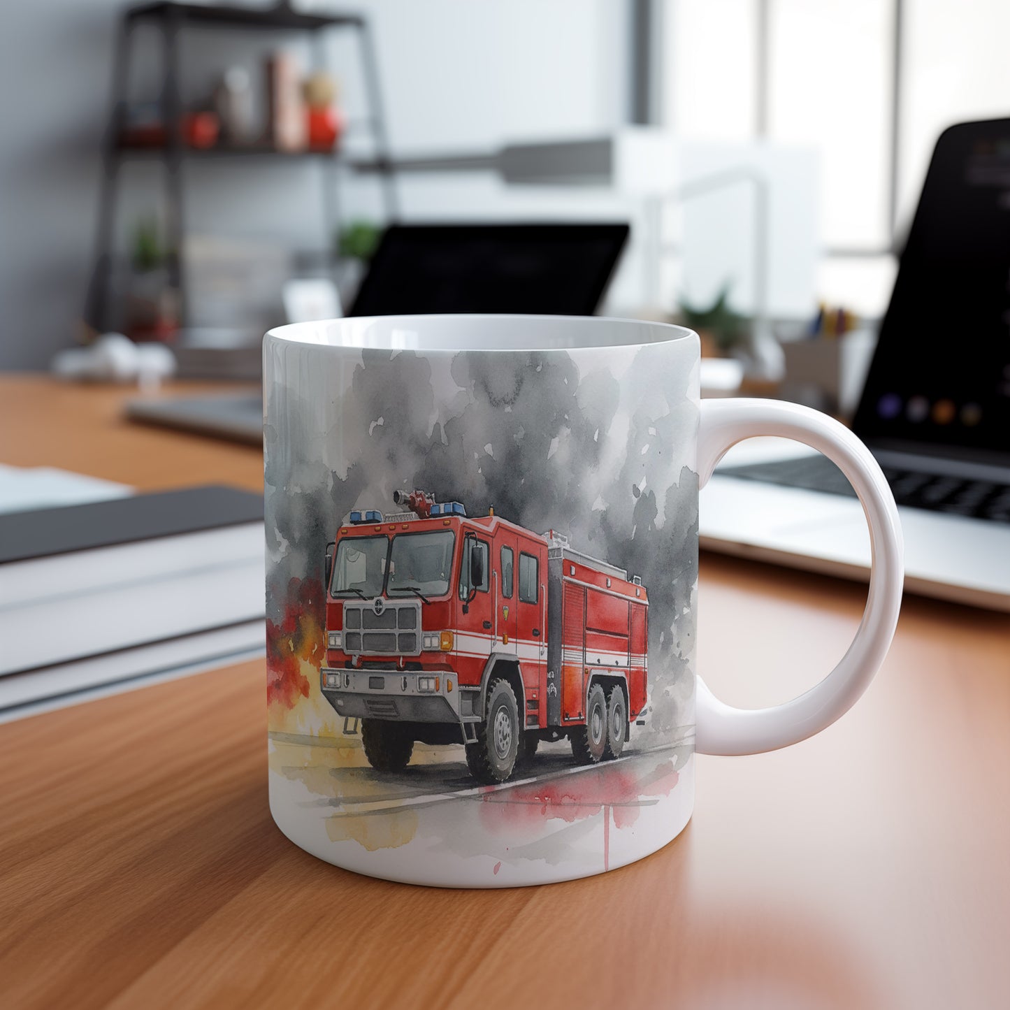 Hrnek s hasičským vozem v plamenech