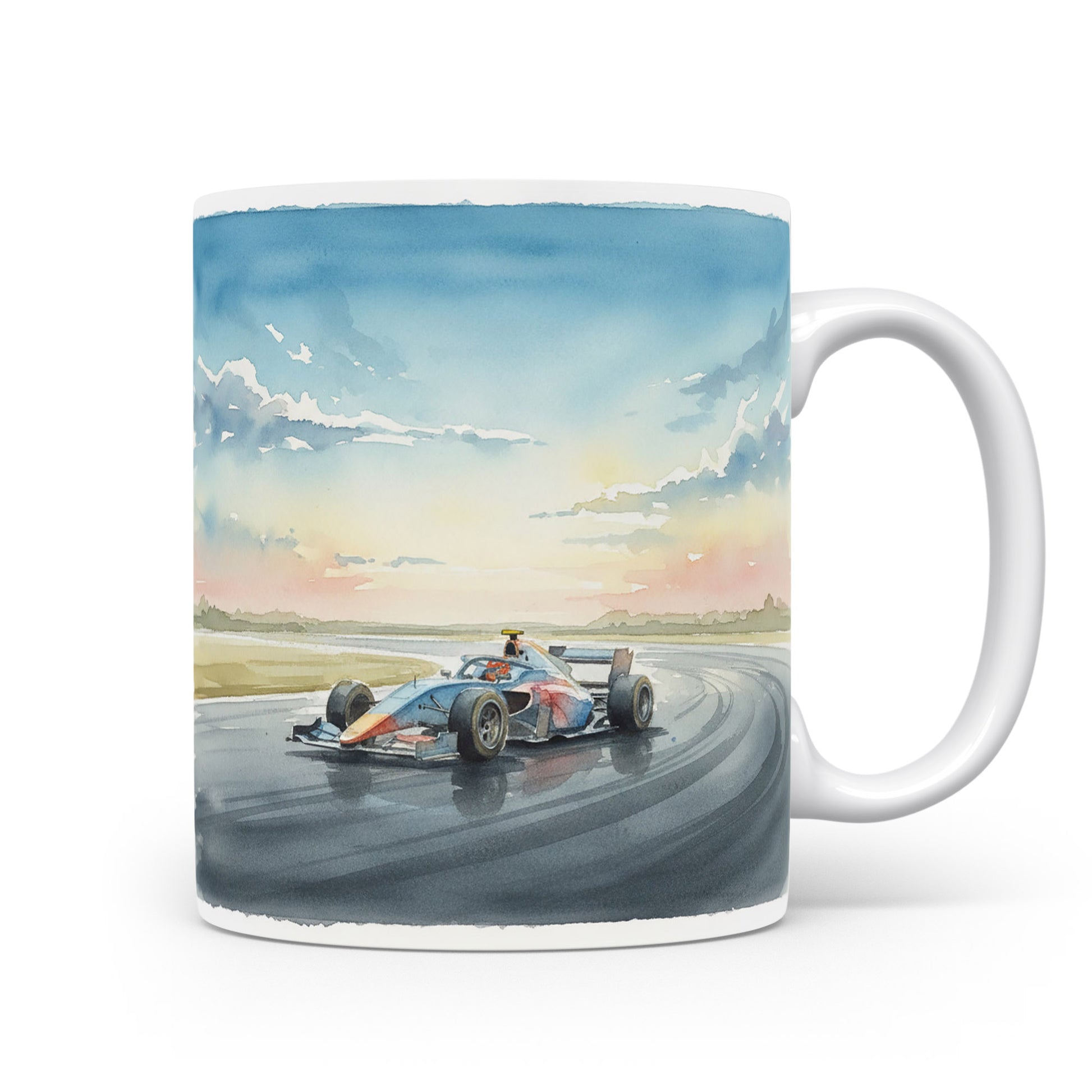 Hrnek s formulí na závodním okruhu v akvarelu