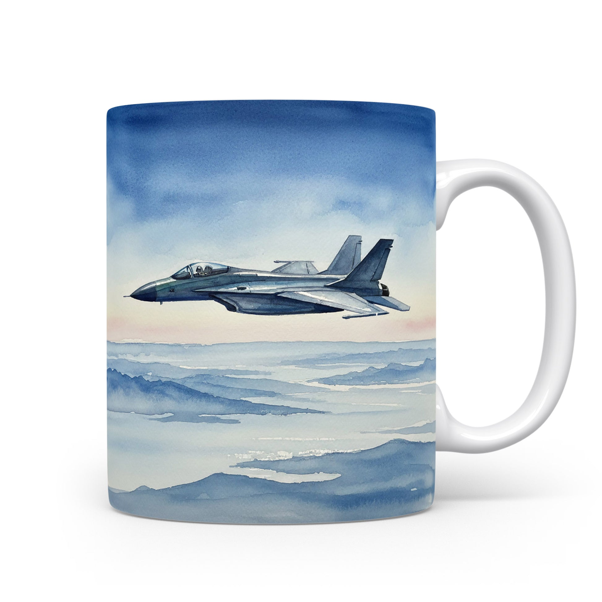 Hrnek s akvarelovou stíhačkou nad krajinou