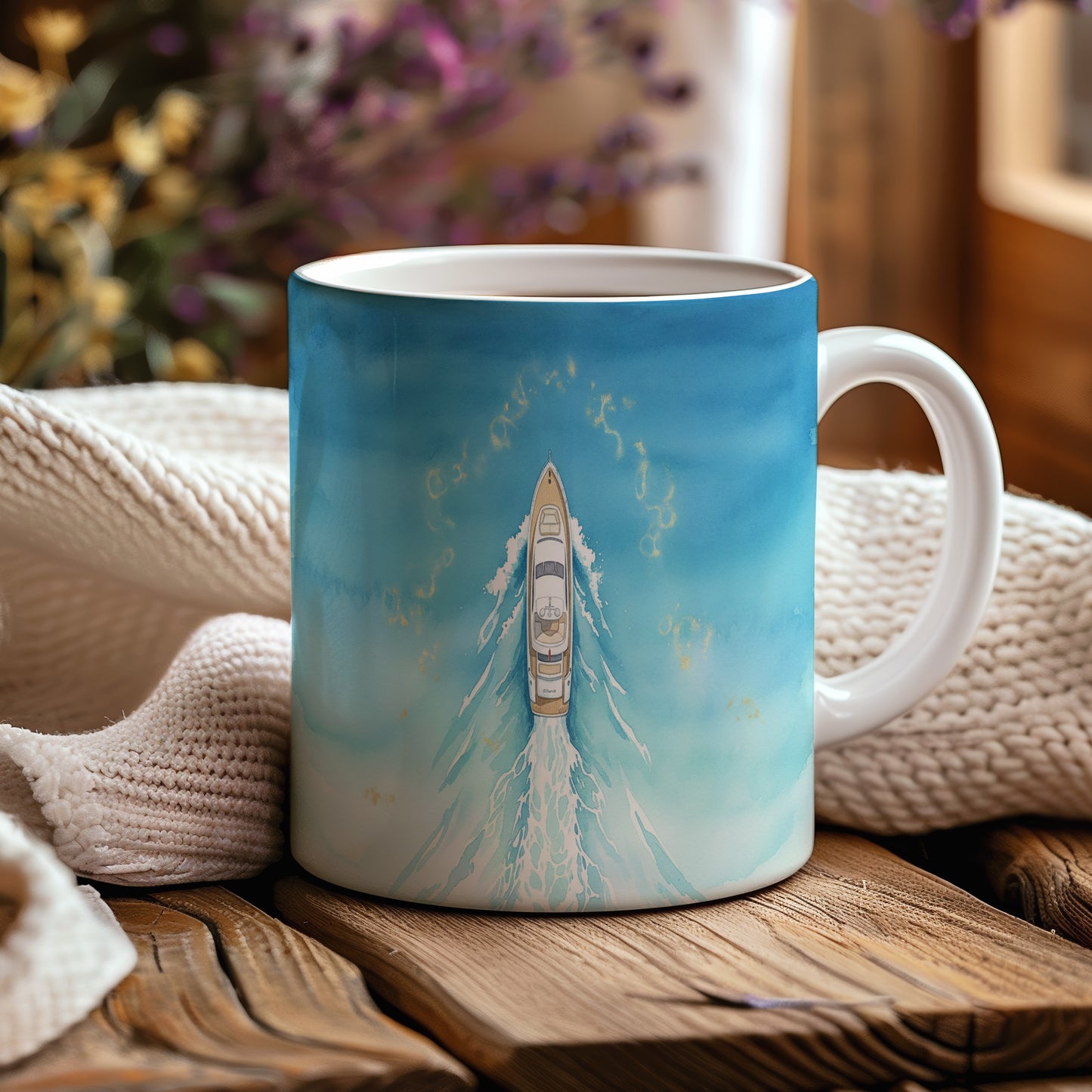 Hrnek s jachtou v modrém oceánu