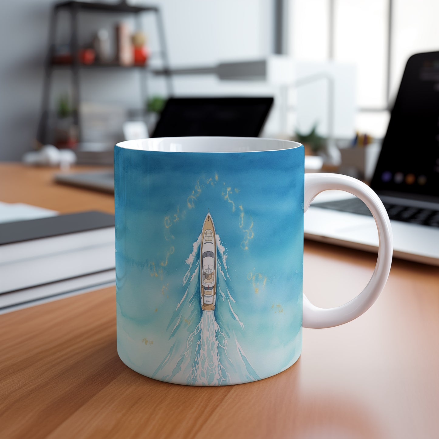 Hrnek s jachtou v modrém oceánu