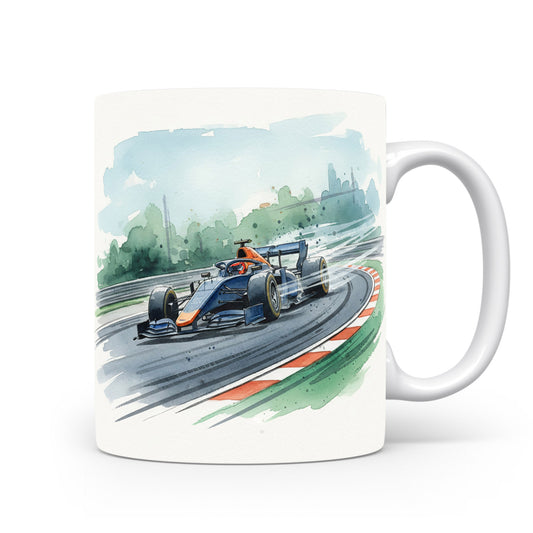 Hrnek s formulí na závodní dráze