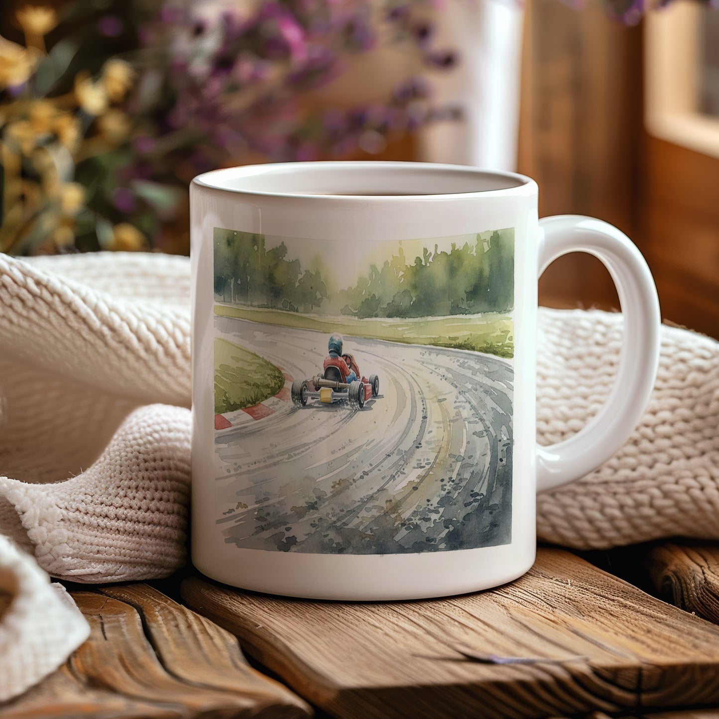 Hrnek s motokárou na závodní dráze