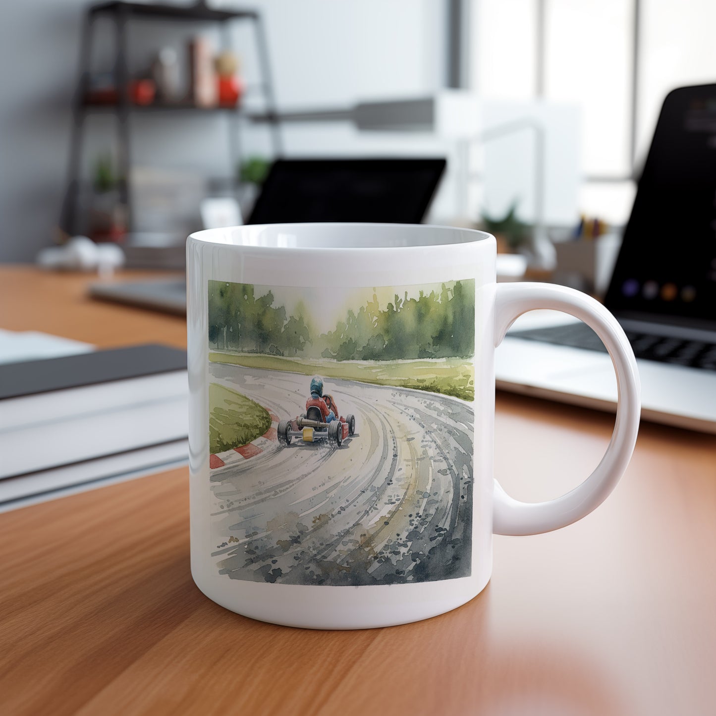 Hrnek s motokárou na závodní dráze