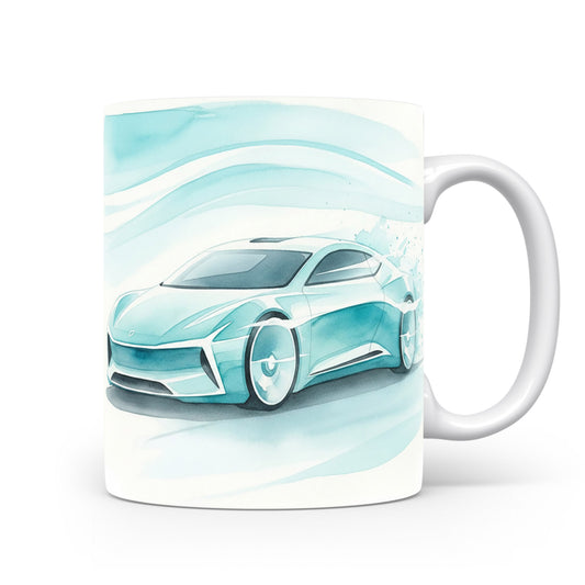 Hrnek s futuristickým autem v akvarelu