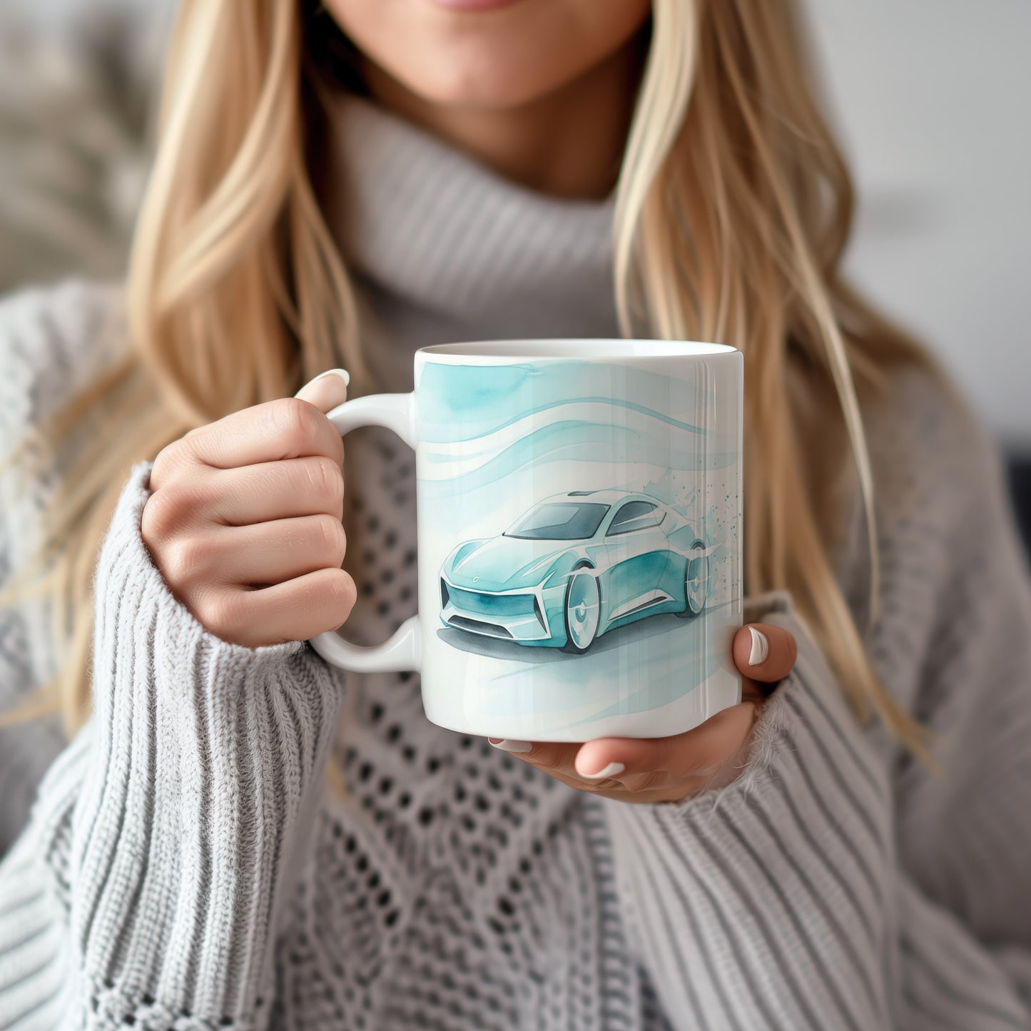 Hrnek s futuristickým autem v akvarelu