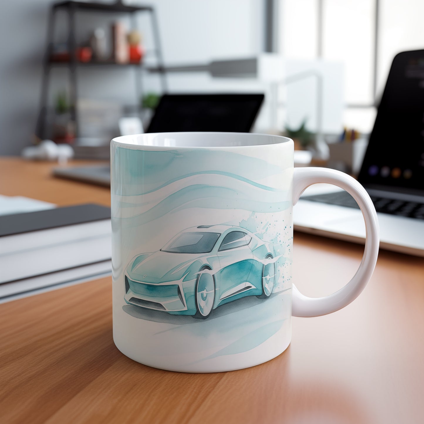 Hrnek s futuristickým autem v akvarelu