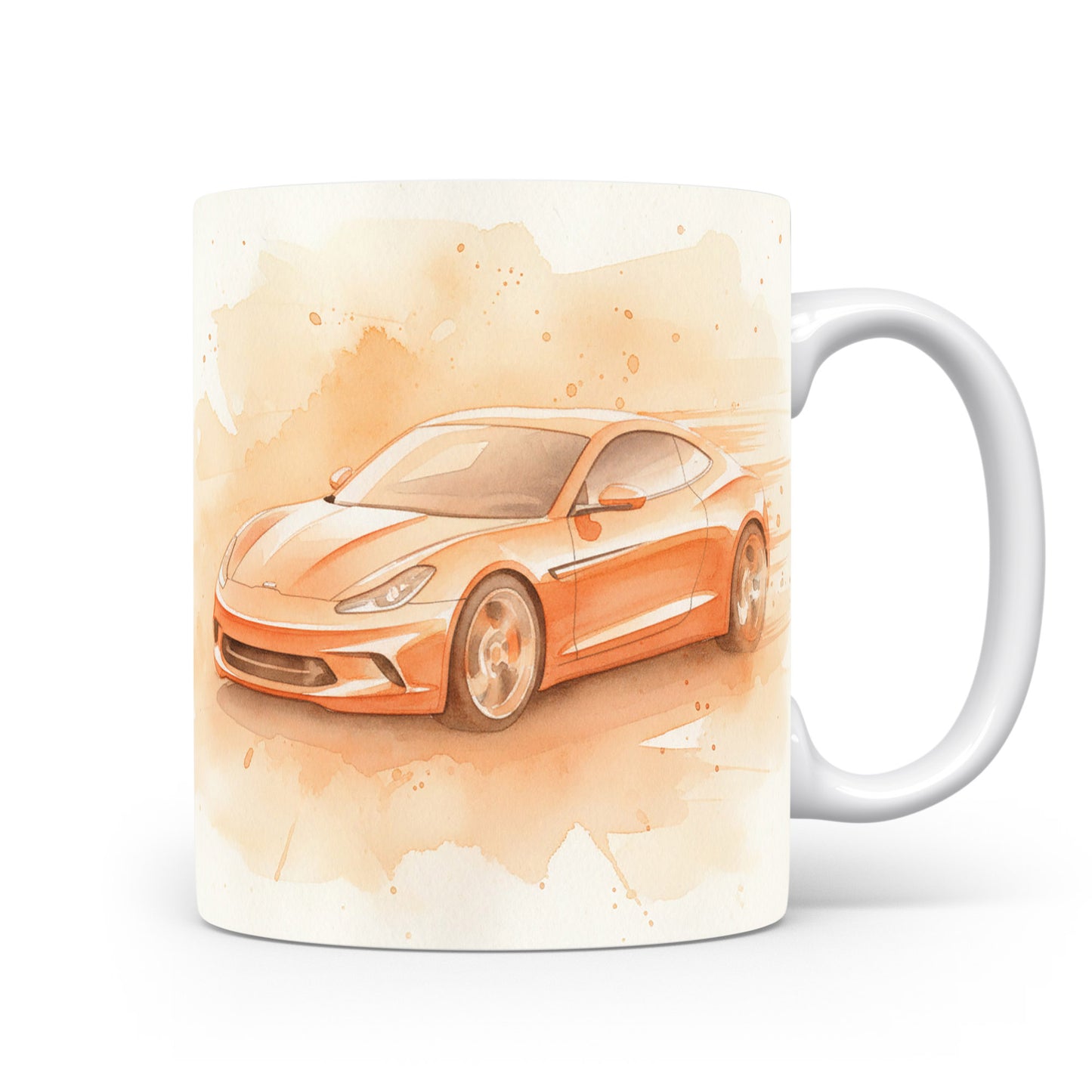 Hrnek s oranžovým sporťákem v akvarelu