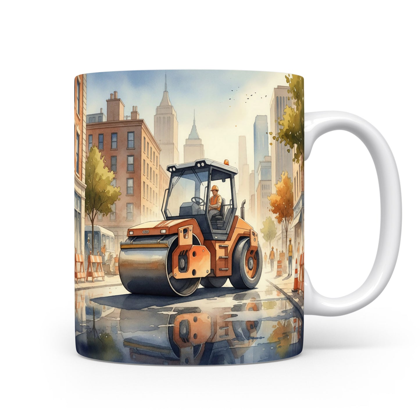 Hrnek s parním válcem v městské scenérii