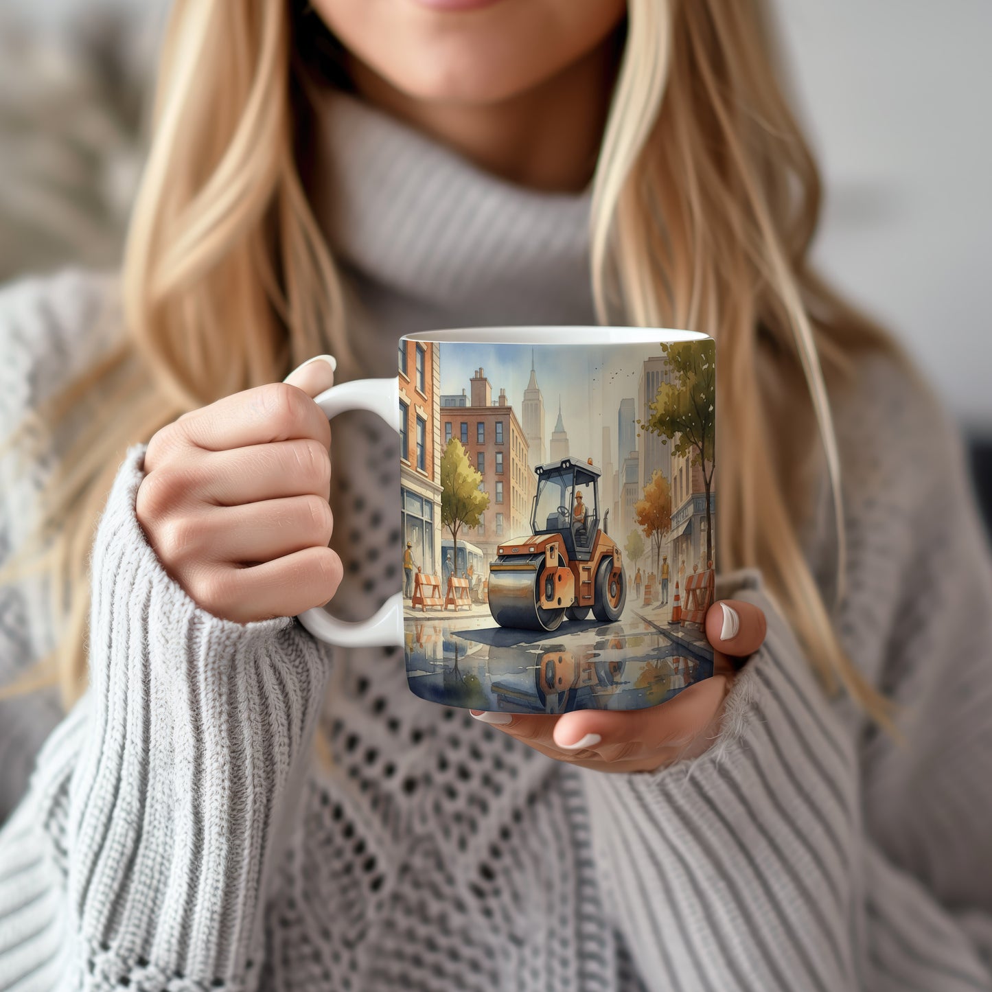 Hrnek s parním válcem v městské scenérii