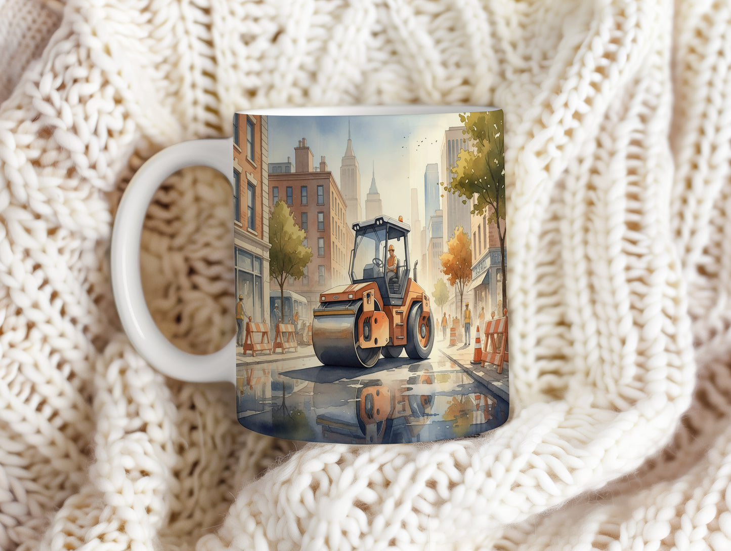 Hrnek s parním válcem v městské scenérii