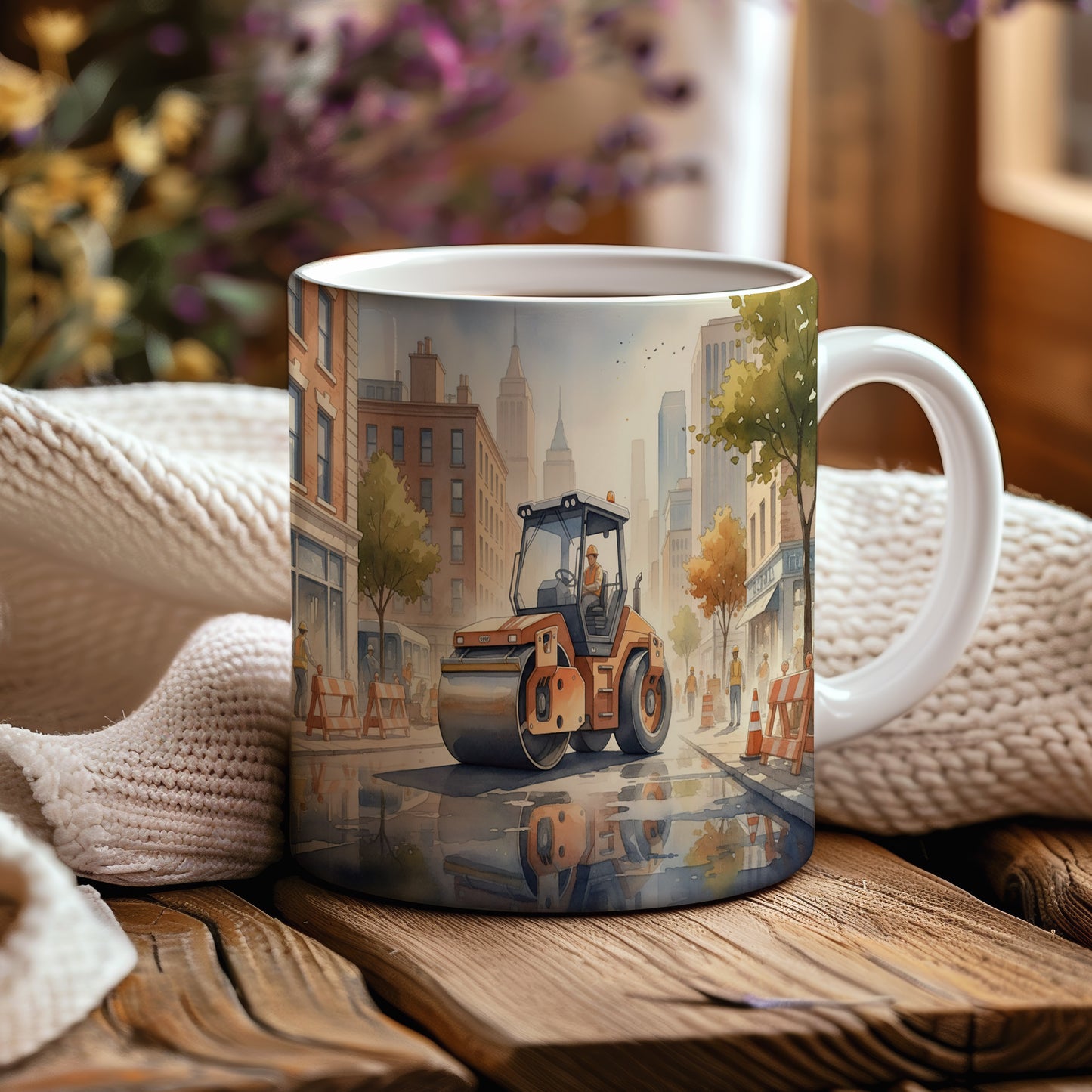 Hrnek s parním válcem v městské scenérii