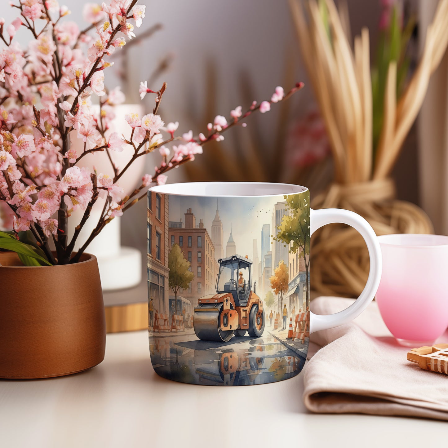 Hrnek s parním válcem v městské scenérii