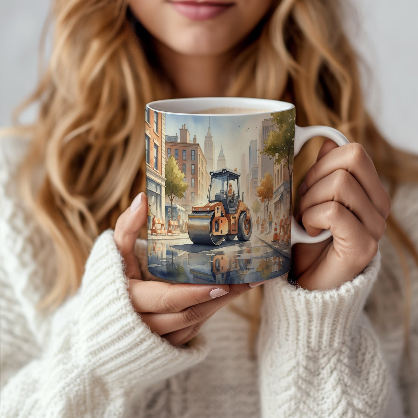 Hrnek s parním válcem v městské scenérii