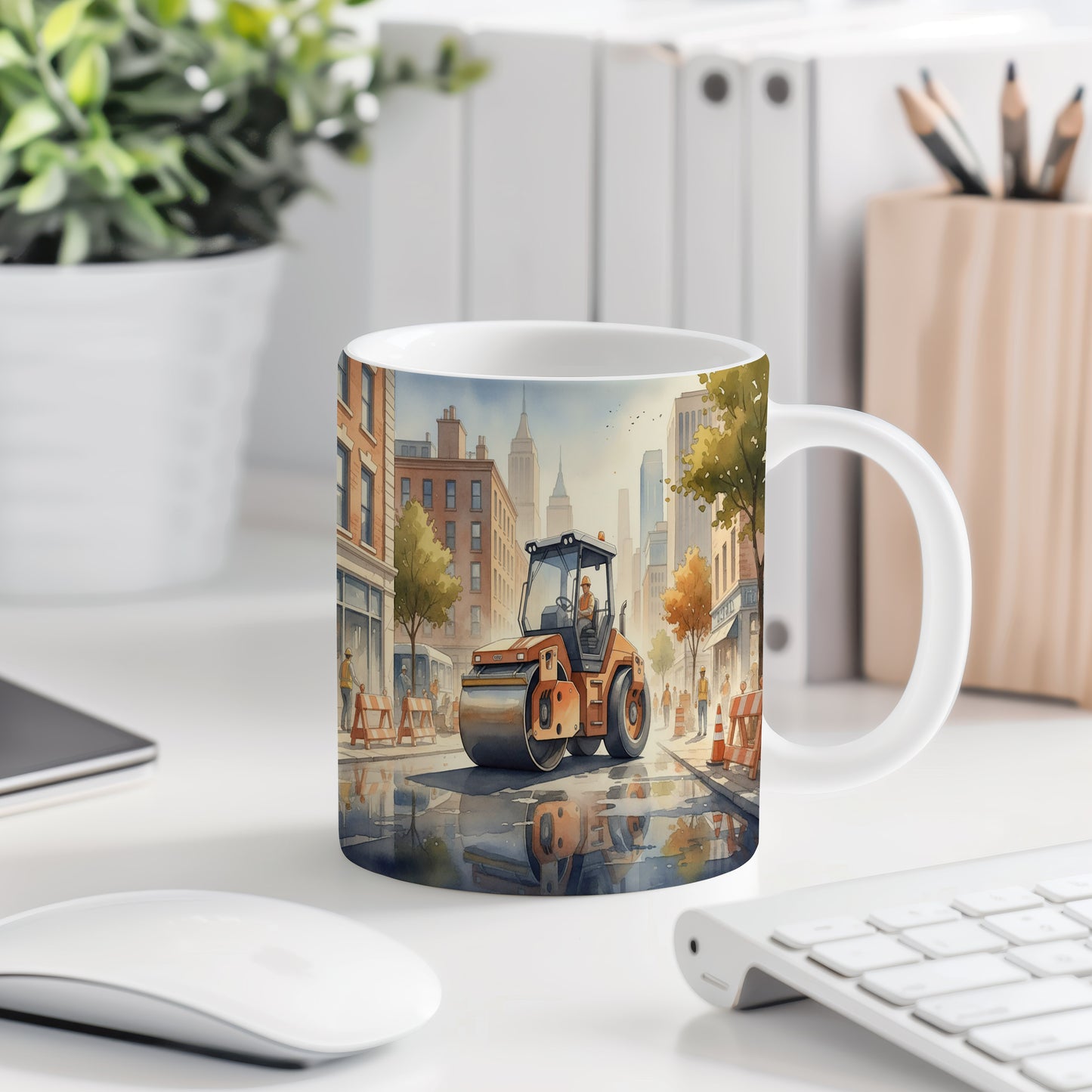 Hrnek s parním válcem v městské scenérii