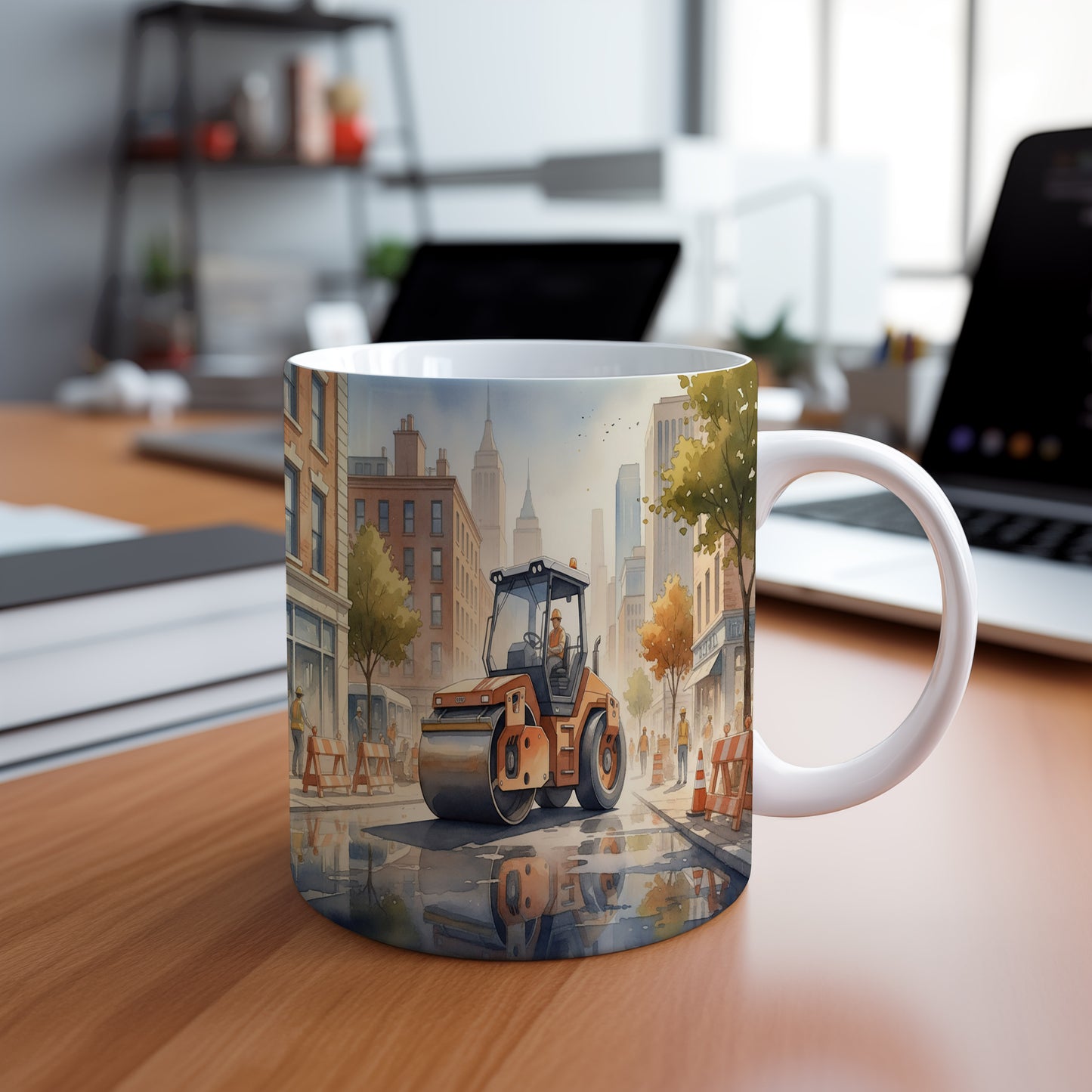 Hrnek s parním válcem v městské scenérii