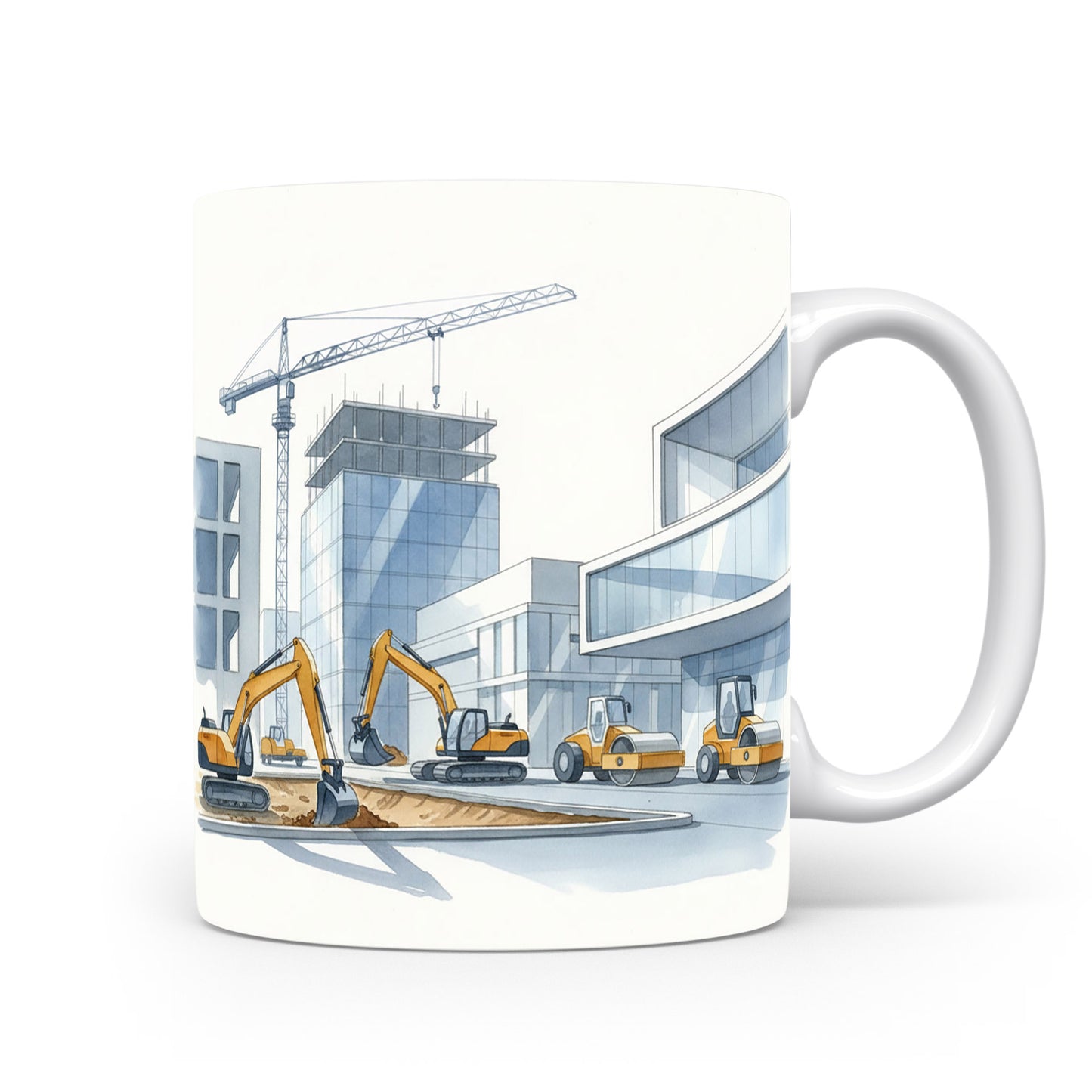 Hrnek s jeřábem na moderní stavbě