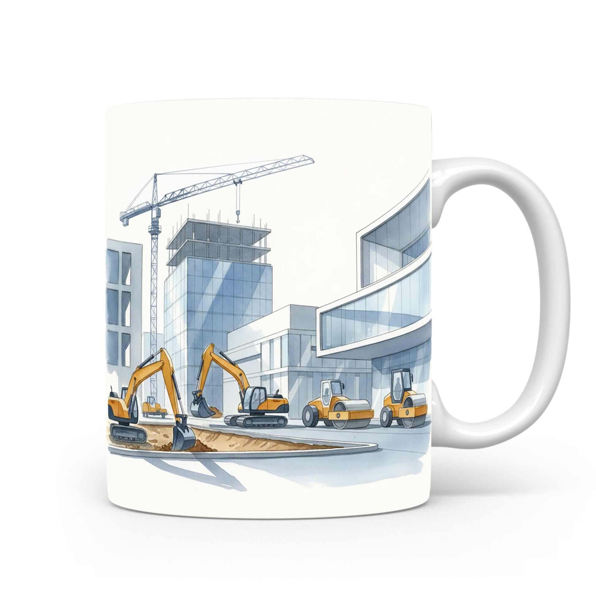 Hrnek s jeřábem na moderní stavbě